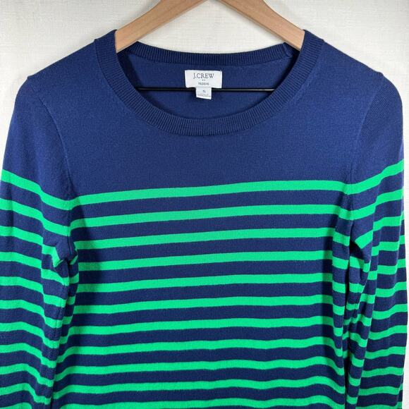 J.CREW Cotton Teddie Sweater Women's S Navy Blue Kelly Green Stripes Preppy Boat - Picture 2 of 12